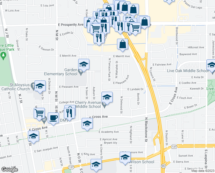 map of restaurants, bars, coffee shops, grocery stores, and more near 656 North Cherry Street in Tulare