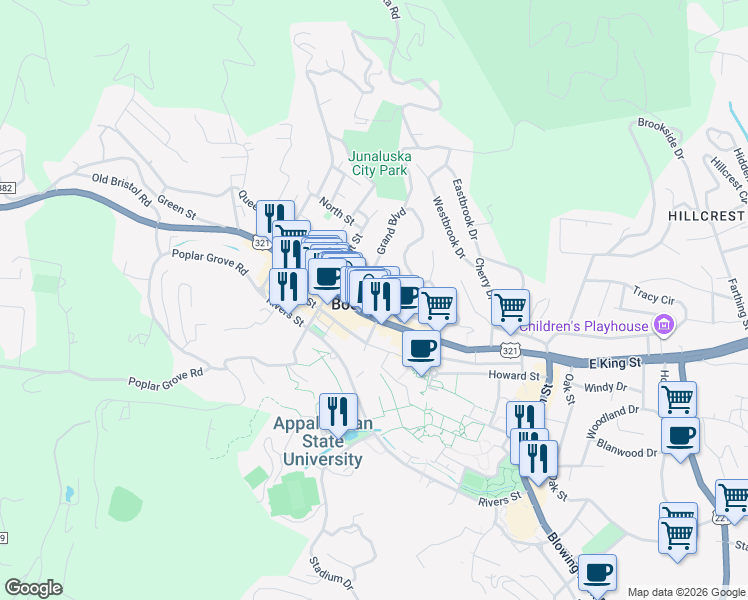 map of restaurants, bars, coffee shops, grocery stores, and more near 171 Grand Boulevard in Boone