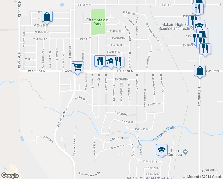 map of restaurants, bars, coffee shops, grocery stores, and more near 4352 North Frankfort Place in Tulsa