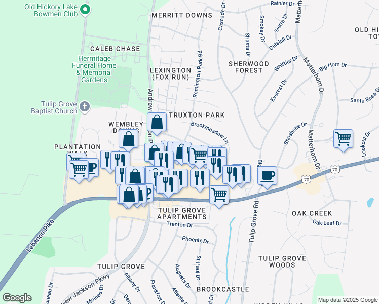 map of restaurants, bars, coffee shops, grocery stores, and more near 500 Griffin Circle in Nashville