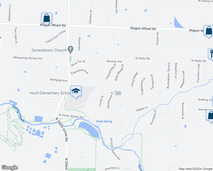 map of restaurants, bars, coffee shops, grocery stores, and more near 3647 Belle Meade Street in Springdale