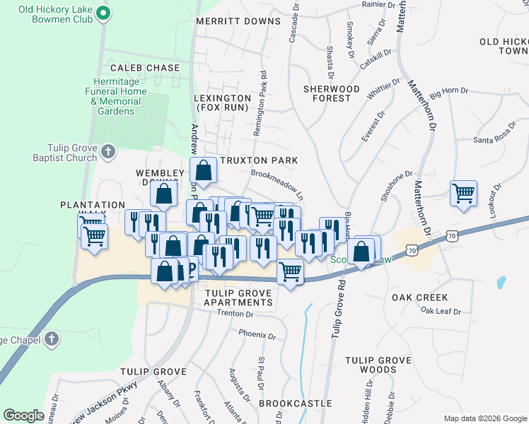 map of restaurants, bars, coffee shops, grocery stores, and more near 1720 Stone Hollow Court in Nashville