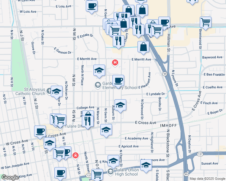 map of restaurants, bars, coffee shops, grocery stores, and more near 750 Auburn Street in Tulare