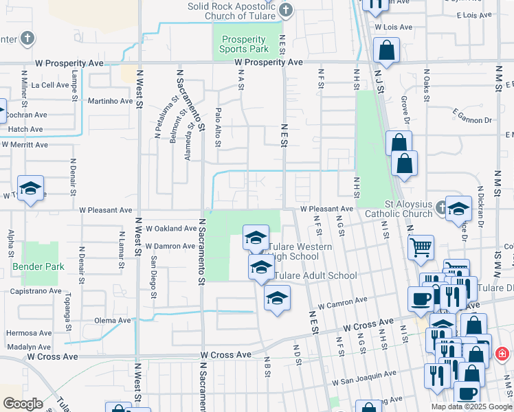 map of restaurants, bars, coffee shops, grocery stores, and more near 798 West Pleasant Avenue in Tulare
