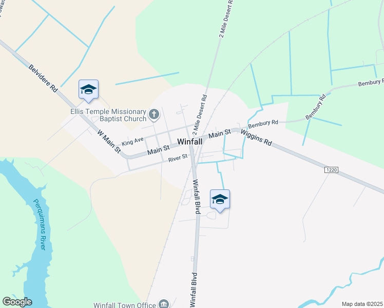 map of restaurants, bars, coffee shops, grocery stores, and more near NC-37 & River St in Winfall