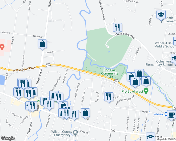 map of restaurants, bars, coffee shops, grocery stores, and more near 921 West Baddour Parkway in Lebanon