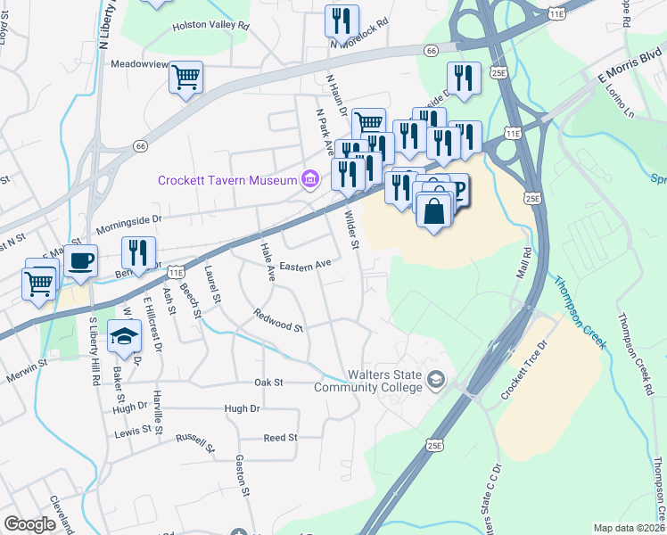 map of restaurants, bars, coffee shops, grocery stores, and more near 330 South Park Avenue in Morristown