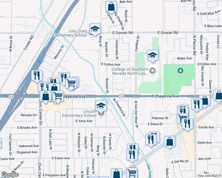 map of restaurants, bars, coffee shops, grocery stores, and more near 3220 North Crawford Street in North Las Vegas