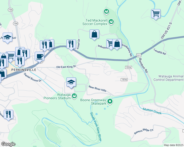 map of restaurants, bars, coffee shops, grocery stores, and more near 225 Cecil Miller Road in Boone