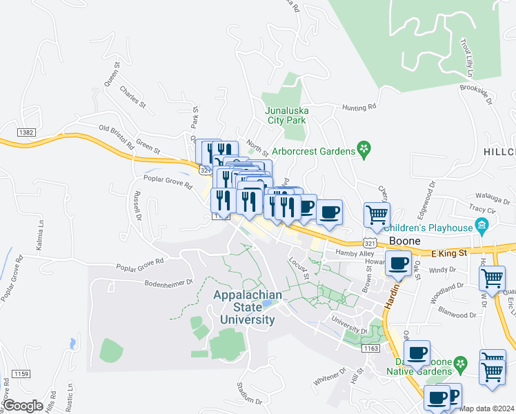 map of restaurants, bars, coffee shops, grocery stores, and more near in Boone