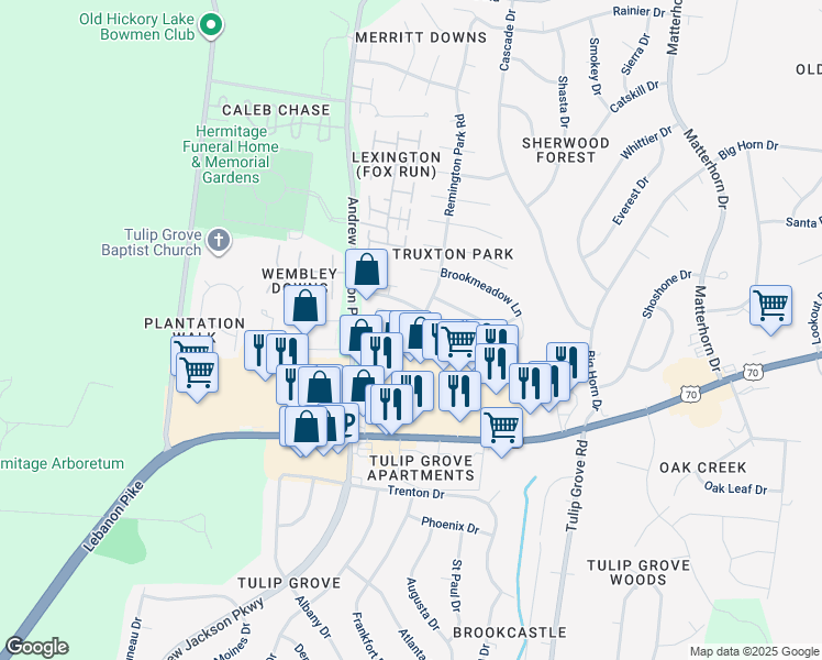 map of restaurants, bars, coffee shops, grocery stores, and more near 500 Griffin Circle in Nashville