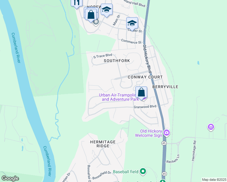 map of restaurants, bars, coffee shops, grocery stores, and more near 5015 Southfork Boulevard in Nashville