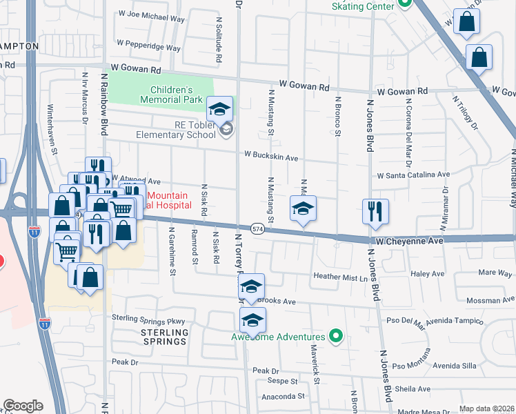 map of restaurants, bars, coffee shops, grocery stores, and more near 3265 Mustang Street in Las Vegas