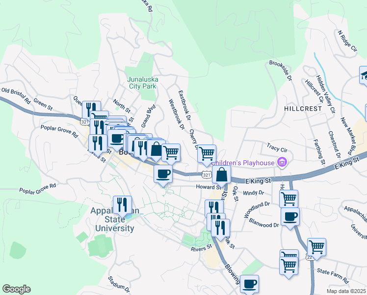 map of restaurants, bars, coffee shops, grocery stores, and more near 207 Cherrybrook Lane in Boone