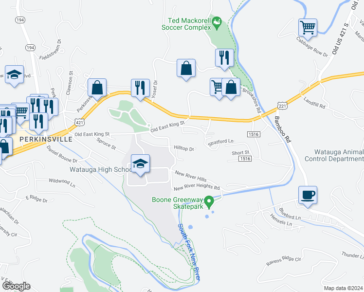 map of restaurants, bars, coffee shops, grocery stores, and more near 188 Cecil Miller Road in Boone