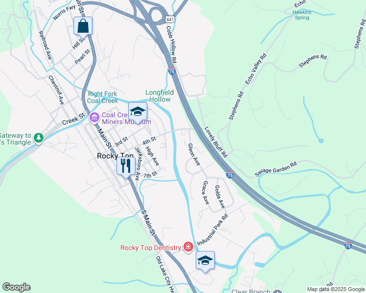 map of restaurants, bars, coffee shops, grocery stores, and more near 711 Glenn Avenue in Rocky Top