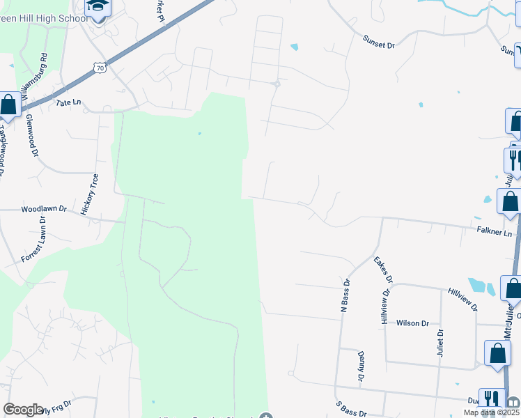 map of restaurants, bars, coffee shops, grocery stores, and more near 163 Falkner Lane in Mt. Juliet