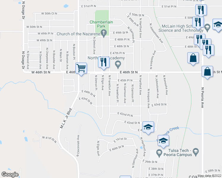 map of restaurants, bars, coffee shops, grocery stores, and more near 4355 North Frankfort Avenue in Tulsa