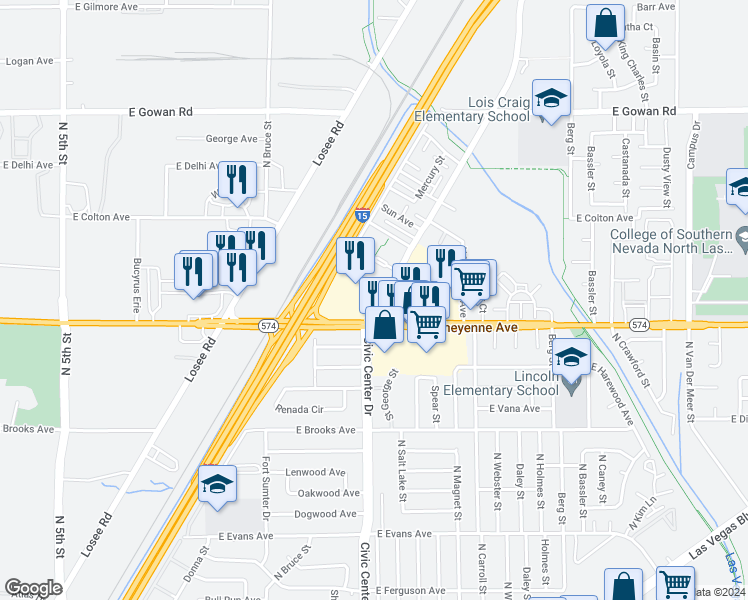map of restaurants, bars, coffee shops, grocery stores, and more near 3227 Civic Center Drive in North Las Vegas