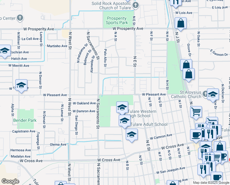 map of restaurants, bars, coffee shops, grocery stores, and more near 864 West Pleasant Avenue in Tulare