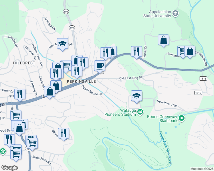 map of restaurants, bars, coffee shops, grocery stores, and more near 118 Spruce Street in Boone