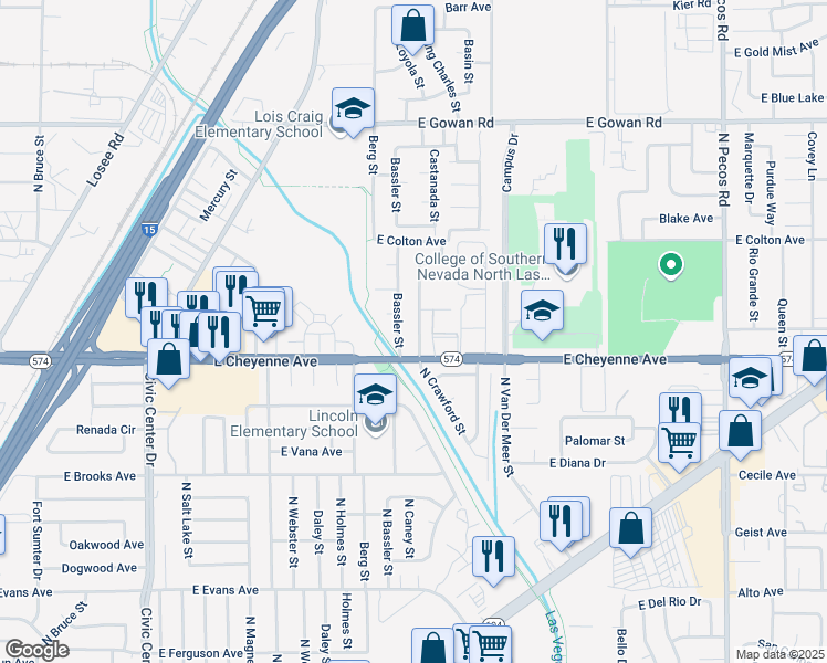 map of restaurants, bars, coffee shops, grocery stores, and more near 3220 North Crawford Street in North Las Vegas