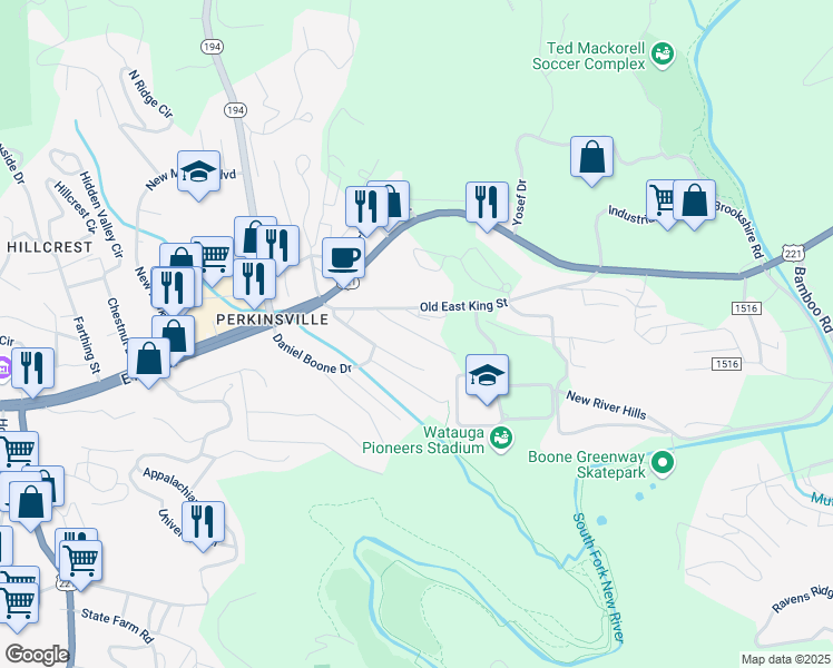 map of restaurants, bars, coffee shops, grocery stores, and more near 170 Spruce Street in Boone