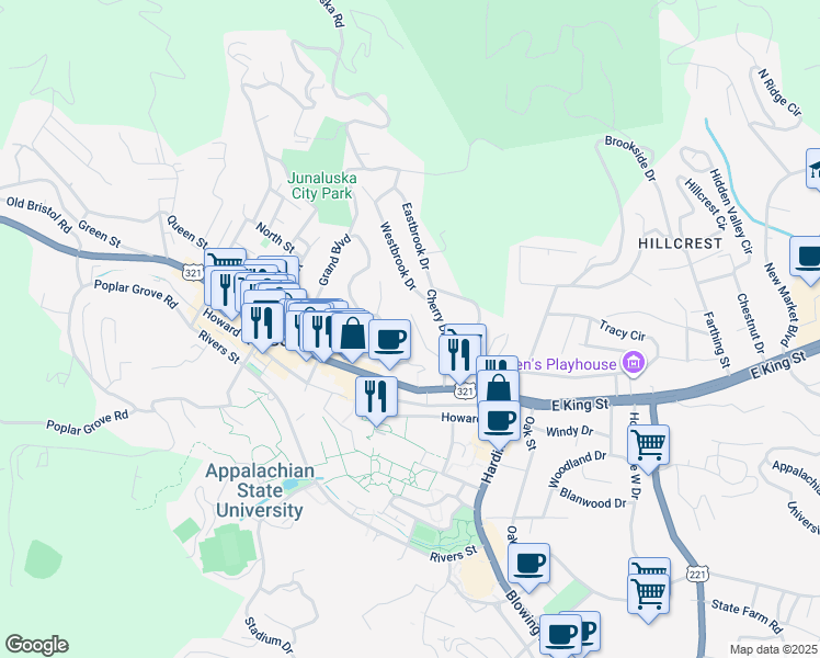 map of restaurants, bars, coffee shops, grocery stores, and more near 207 Cherrybrook Lane in Boone