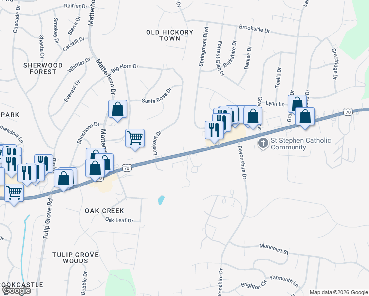 map of restaurants, bars, coffee shops, grocery stores, and more near 14991 Lebanon Road in Mt. Juliet