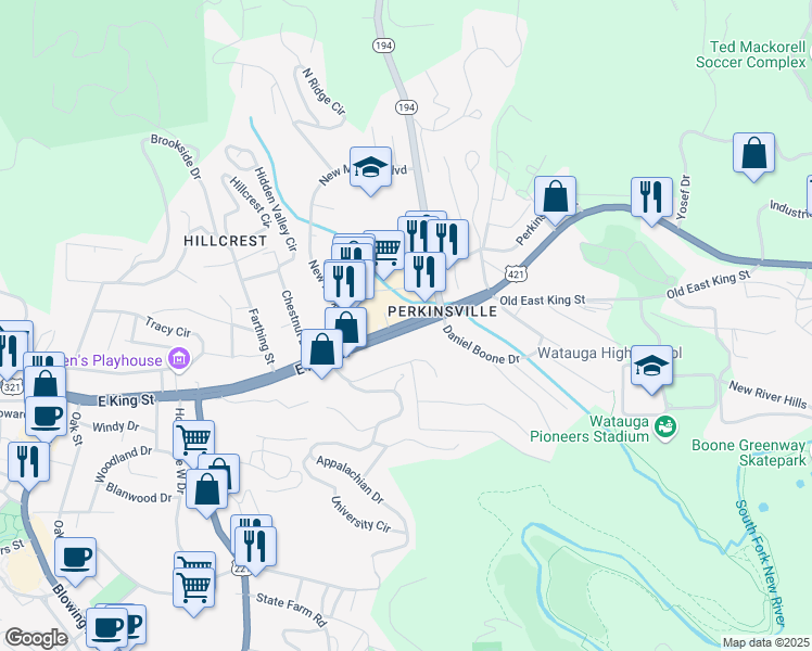 map of restaurants, bars, coffee shops, grocery stores, and more near East King Street in Boone