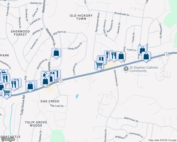 map of restaurants, bars, coffee shops, grocery stores, and more near 14991 Lebanon Road in Mt. Juliet