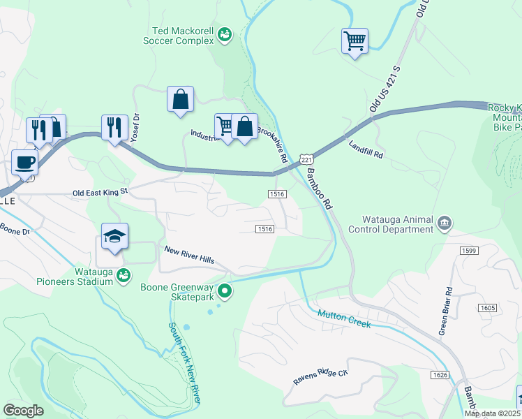 map of restaurants, bars, coffee shops, grocery stores, and more near 201 Hartley St in Boone