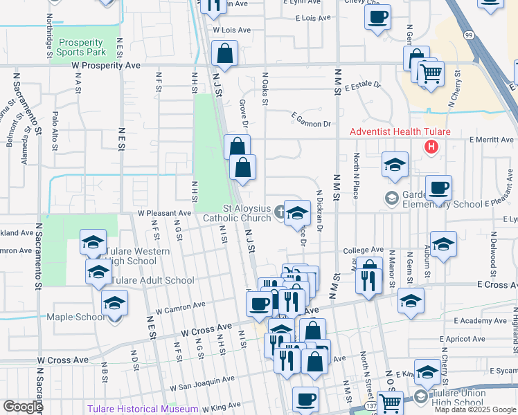 map of restaurants, bars, coffee shops, grocery stores, and more near 753 North Oaks Street in Tulare