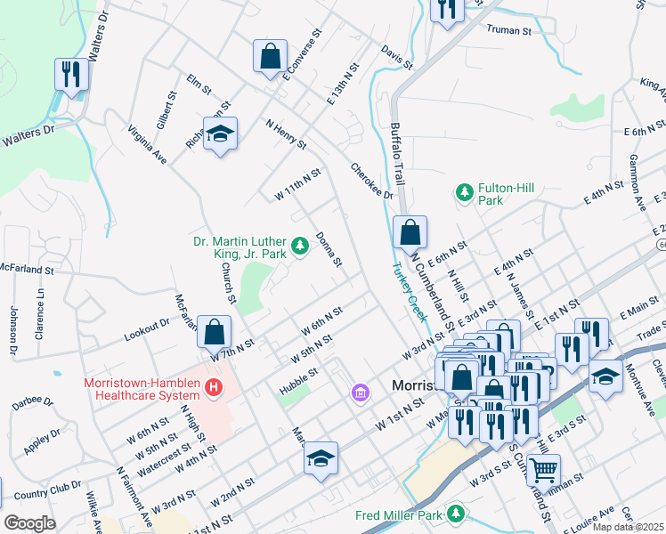 map of restaurants, bars, coffee shops, grocery stores, and more near 822 Donna Street in Morristown
