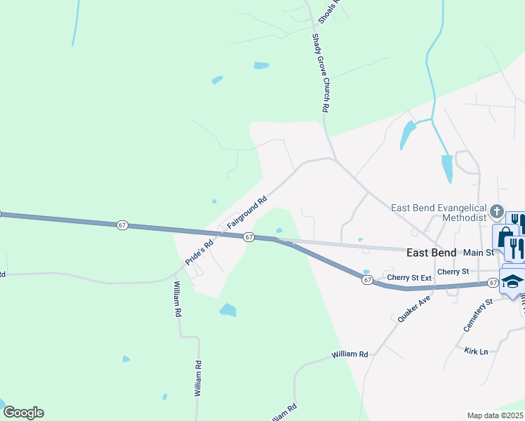 map of restaurants, bars, coffee shops, grocery stores, and more near 525 Fairground Road in East Bend