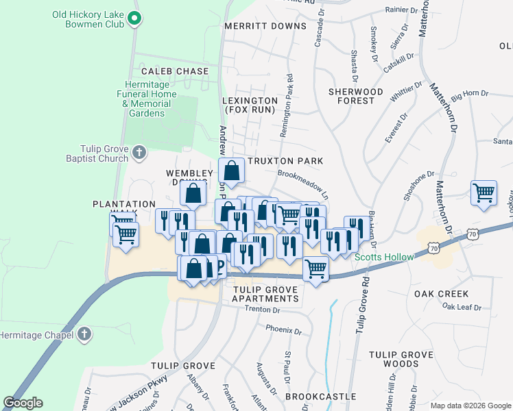 map of restaurants, bars, coffee shops, grocery stores, and more near 500 Griffin Circle in Nashville