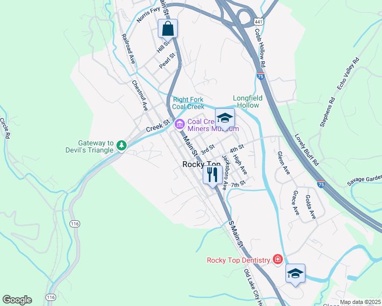 map of restaurants, bars, coffee shops, grocery stores, and more near 110 2nd Street in Rocky Top