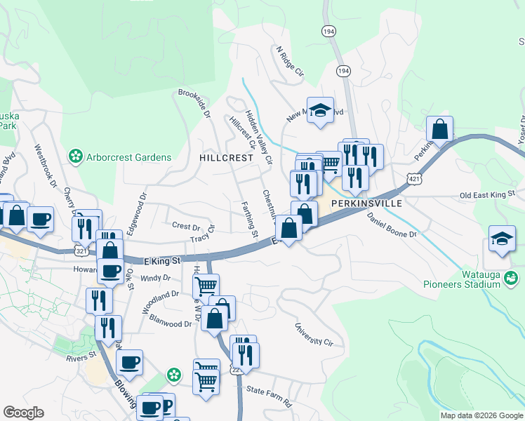 map of restaurants, bars, coffee shops, grocery stores, and more near 231 Chestnut Drive in Boone
