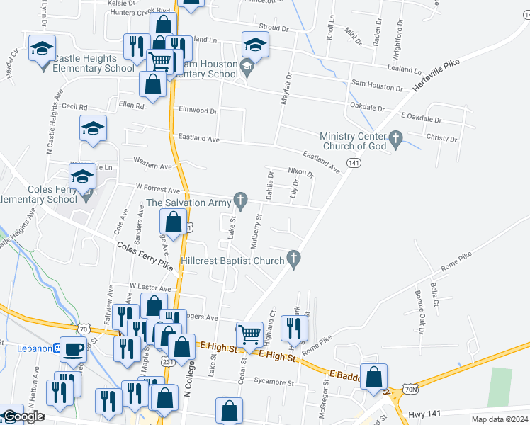 map of restaurants, bars, coffee shops, grocery stores, and more near 402 East Forrest Avenue in Lebanon