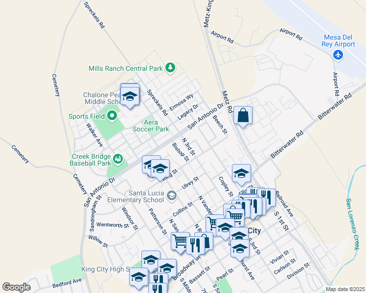 map of restaurants, bars, coffee shops, grocery stores, and more near 636 North 3rd Street in King City