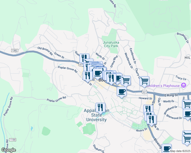 map of restaurants, bars, coffee shops, grocery stores, and more near in Boone