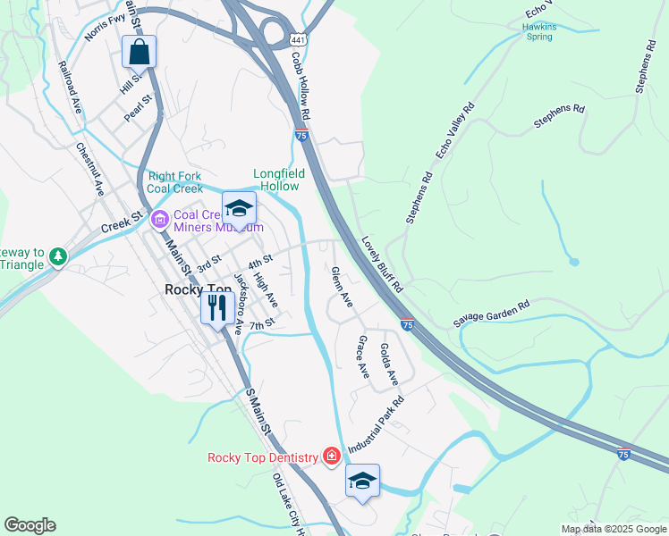 map of restaurants, bars, coffee shops, grocery stores, and more near 711 Glenn Avenue in Rocky Top