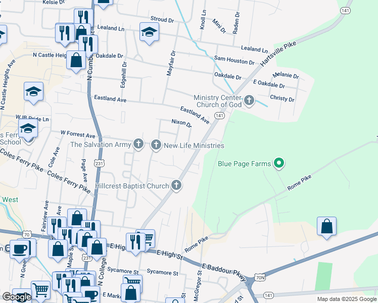 map of restaurants, bars, coffee shops, grocery stores, and more near 423 East Forrest Avenue in Lebanon