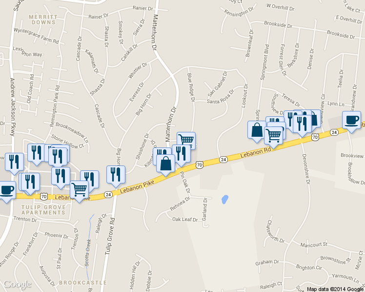 map of restaurants, bars, coffee shops, grocery stores, and more near 208 Blue Ridge Drive in Green Hill