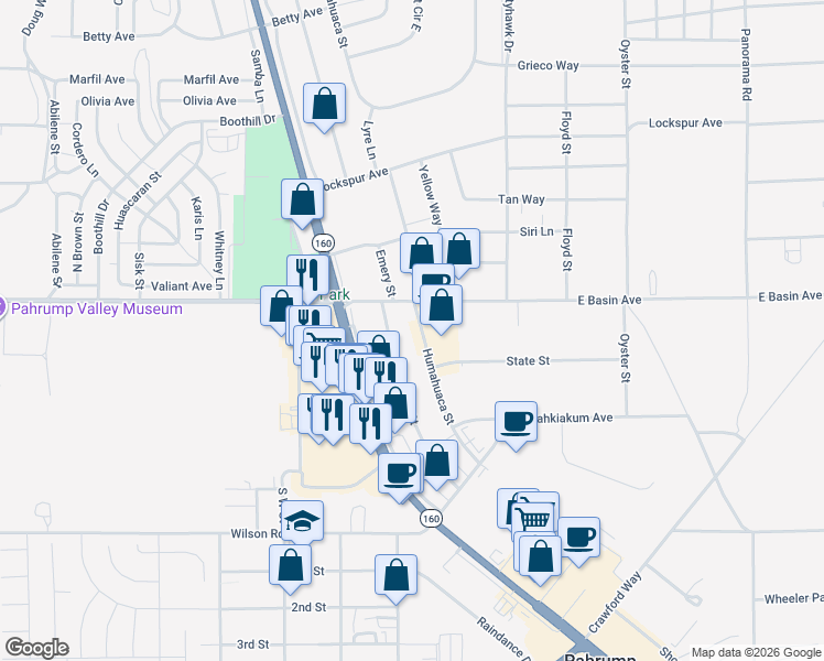 map of restaurants, bars, coffee shops, grocery stores, and more near 60 Humahuaca Street in Pahrump