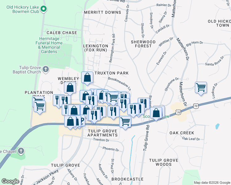 map of restaurants, bars, coffee shops, grocery stores, and more near 1720 Stone Hollow Court in Nashville
