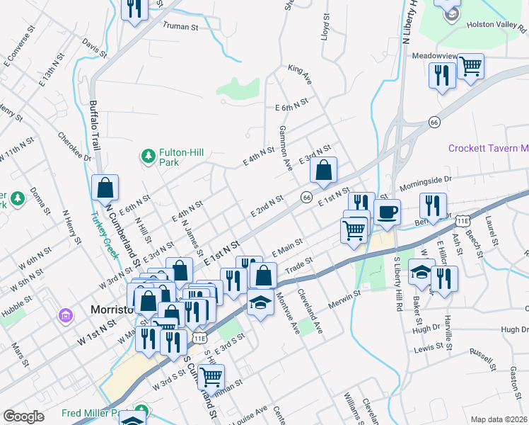 map of restaurants, bars, coffee shops, grocery stores, and more near 734 E 2nd N St in Morristown