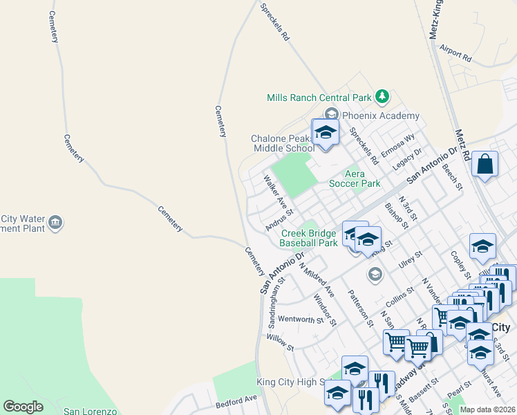 map of restaurants, bars, coffee shops, grocery stores, and more near 616 Brumwell Street in King City