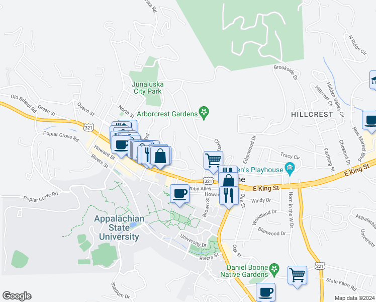 map of restaurants, bars, coffee shops, grocery stores, and more near 225 Cherrybrook Lane in Boone