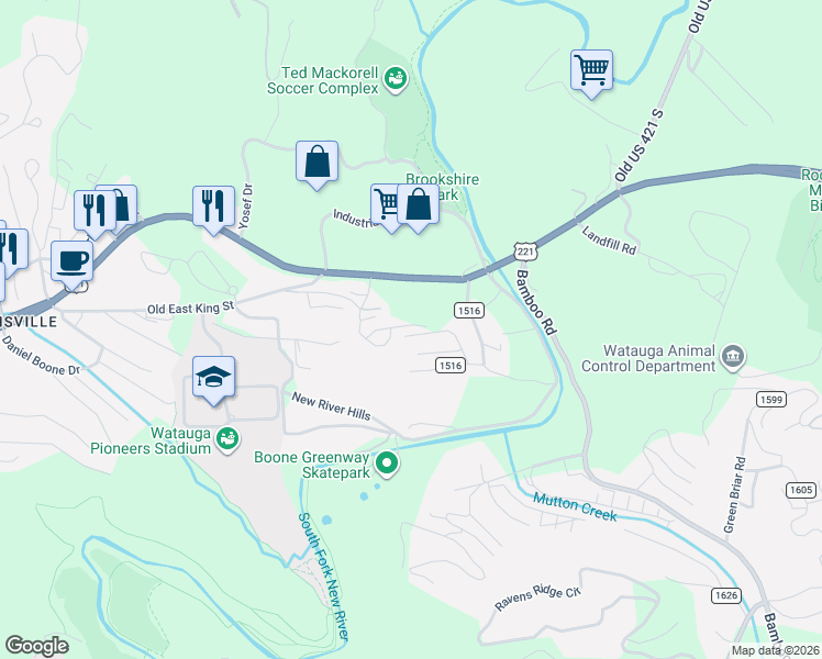 map of restaurants, bars, coffee shops, grocery stores, and more near 196 Stratford Lane in Boone